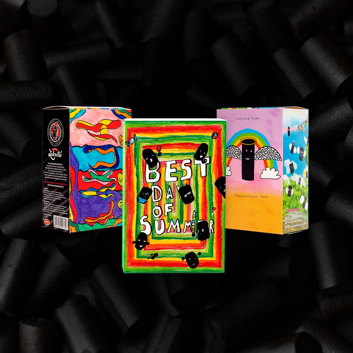 Kolme koululuokan personoitua varainhankinnan boksia, joissa kuvituksena koululuokkien tekemät piirustukset.